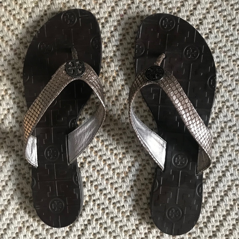 Black and Silver Tory Burch Flip Flops